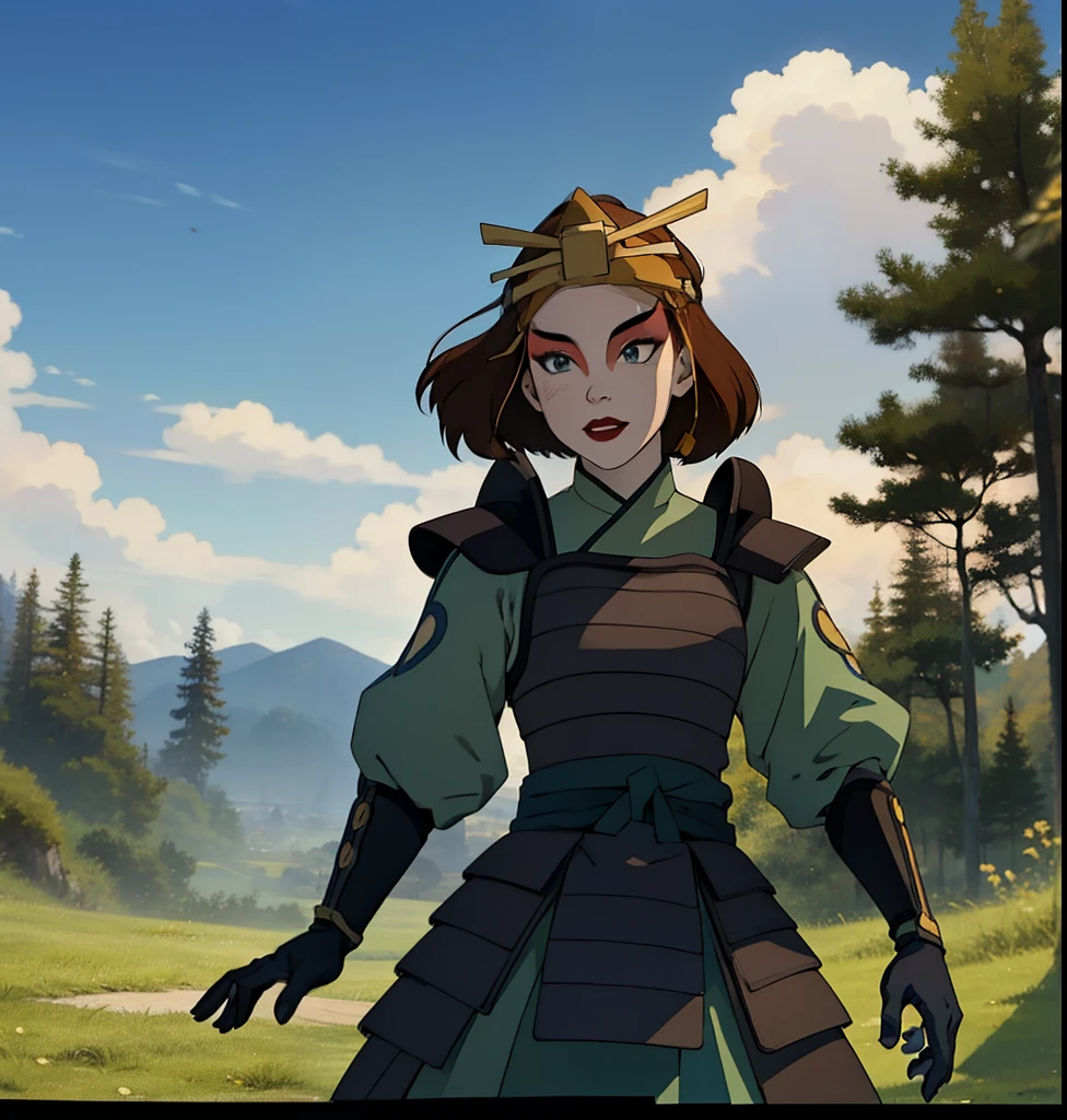 Suki, 1 femme seulement, (chef-d&#39;œuvre), (La meilleure qualité), (Ultra haute résolution), personnage de dessin animé, version animée, Peinture étonnante, Beau sky, couleurs, nature, Beau , image très détaillée, cheveux bruns, yeux bleus, Kyoshi Guerrero, se maquiller, rouge à lèvres, armure, manches longues, Ils sourient, gants noirs