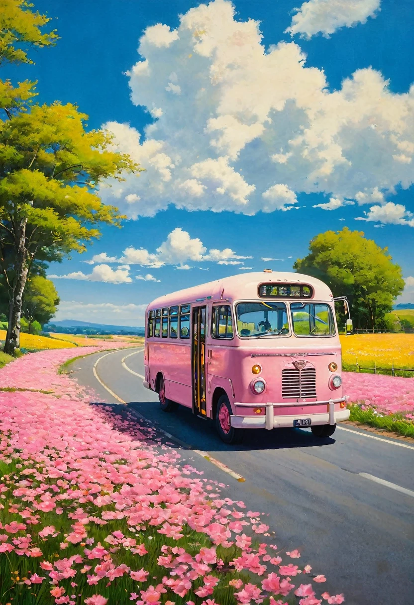 (((Best quality)))), realistic, authentic, beautiful and amazing landscape with a bus on the road oil painting Studio Ghibli Hayao Miyazaki pasture petals with blue sky and white clouds, no people. The bus goes west, windshield flashing pink, pink metallic reflection, Cleaning a dented blue side, worn enamel, Studio Ghibli, city
