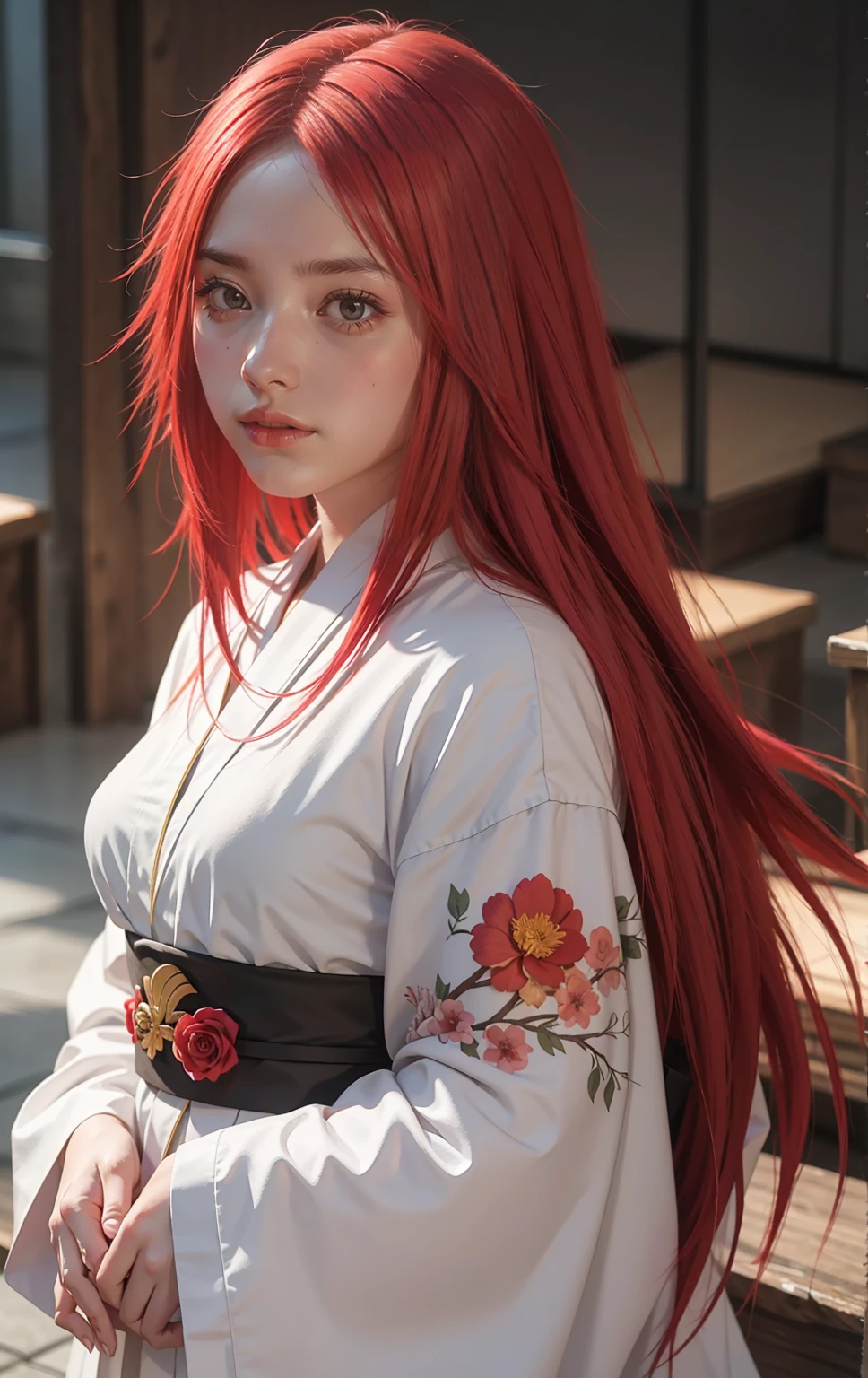 Masterpiece, Best quality, Highly detailed, 1girll, Solo, (:3:1.1), long red hair, red hair, long hair, spiky hair on left side, hair, Fluffy hair, Blush, red eyes, glasses, red eyes, red eye color, flower, Gradient, Gradient background, hair flower, hair adornments, Japanese clothes, komono, view the viewer, miko, Smile, Solo, White kimono, Beautiful lighting, (Alena Ainami:1.3)