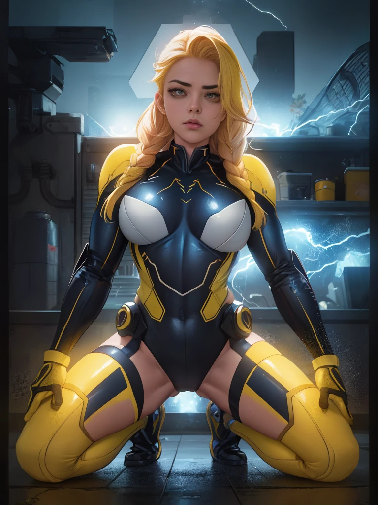 un poderoso Thunder Ranger con una cara hermosa, senos pequeños, usando un traje ajustado, con pelo amarillo, empuñando armas alienígenas, contra un dramático telón de fondo de truenos, ultra detallado, 8K, muy realista, iluminación cinematográfica, colores dramáticos