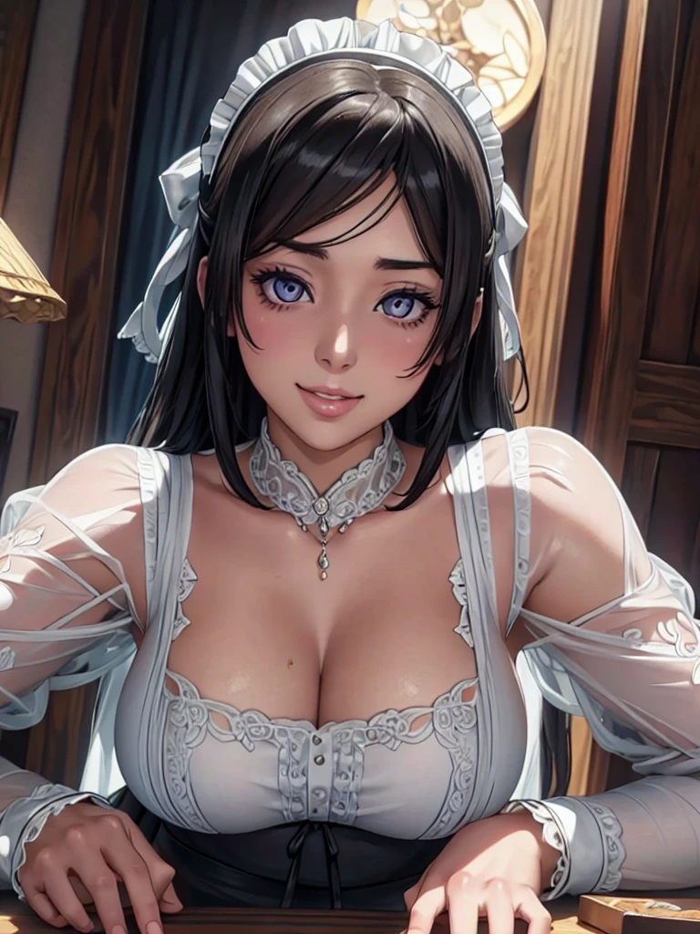 NFSW, Beautiful detailed portrait of a girl with big eyes, Fuller lips, Smiling Kindly, Long eyelashes, see through Maid clothesを着て, tihn fabric clothing, In sensual poses, (highest quality,4K,8k,High resolution,masterpiece:1.2),brow job, Super detailed,(Realistic,photoRealistic,photo-Realistic:1.37),Highly detailed face, Maid clothes, Intricate details, Vibrant colors, Dramatic lighting, Structure of the film, Anime-inspired art style