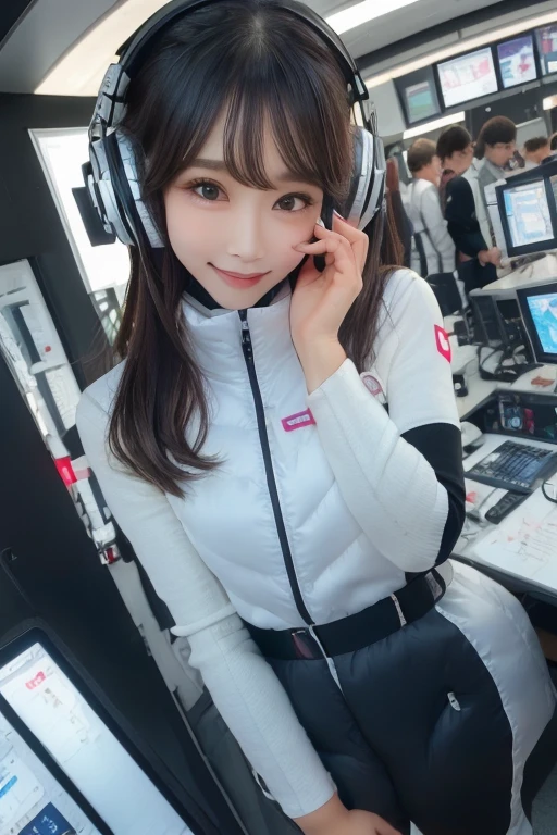 masterpiece, Highest quality, Very detailed, 8K Portrait,Japanese Android Girl,plump , Control panel,Robotic arms and legs, Blunt bangs,,break (Metallic Gray, Metallic luster, Mirror finish, Astro Best):5,headphone:5,break (Black sleeves):100,Smart Watches,Futuristic space station,Control Room,break headphone,blue eyes,(Black Hair):2,(Long Hair):1.3,Displaying the viewer,(respirator),break blush:3,Hidden Hand,smile