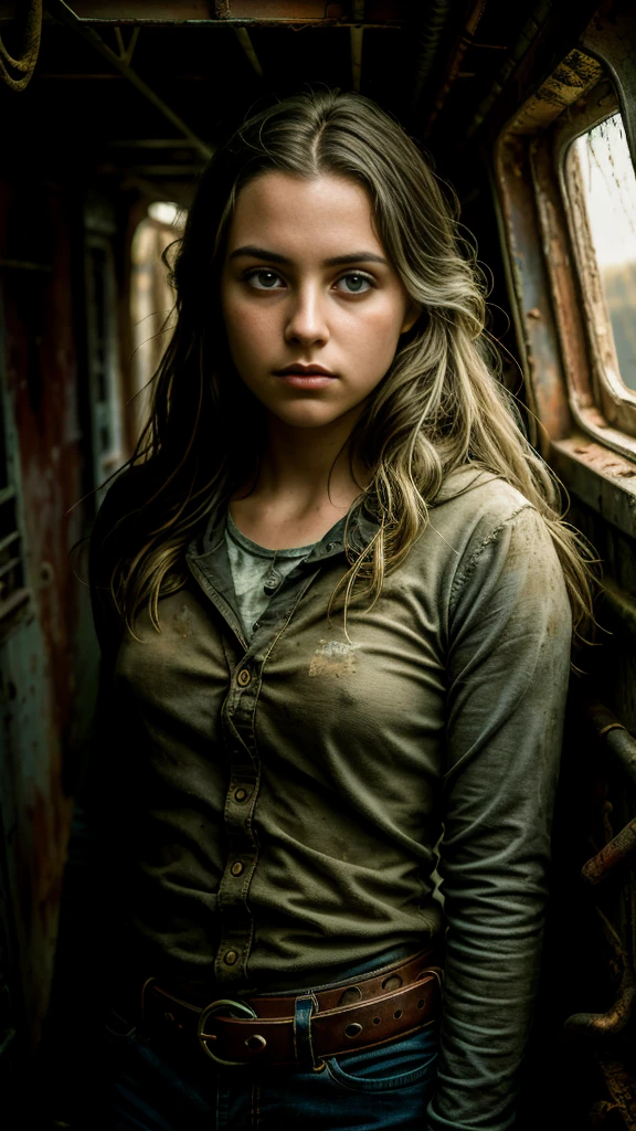 a young girl exploring an abandoned ship, detailed portrait, beautiful detailed eyes, beautiful detailed lips, extremely detailed face, longeyelashes, adventurous mood, dirty clothes, ship interior, dusty and cobwebbed, golden light rays, cinematic, dramatic lighting, muted color palette, gritty, photo-realistic, 8k, best quality, masterpiece