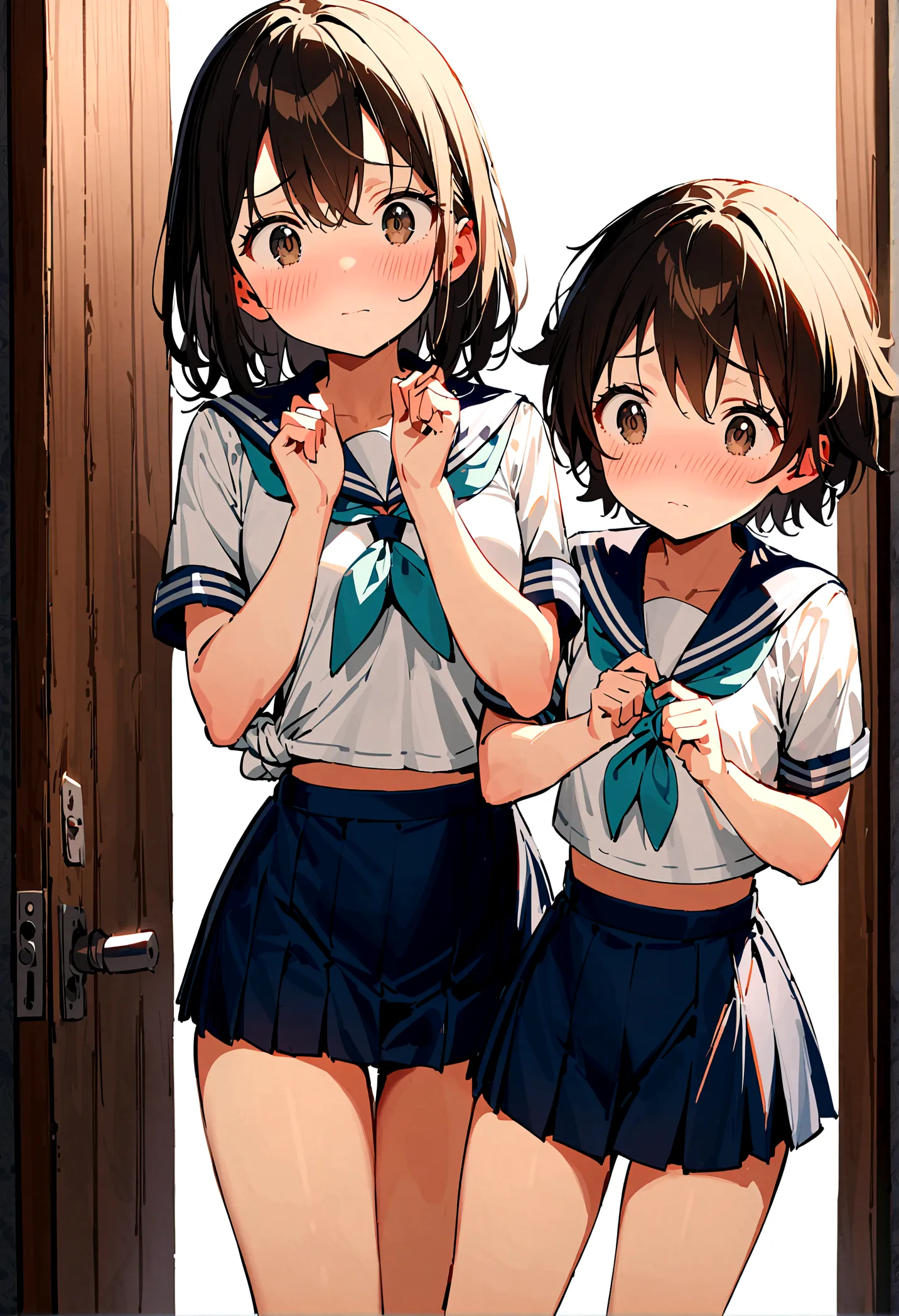 2 girls, pushed into a locker, ((sailor suit, short sleeve, tight clothing, mini skirt)), (blushing:1.5), (watery eye:1.5), (tie...