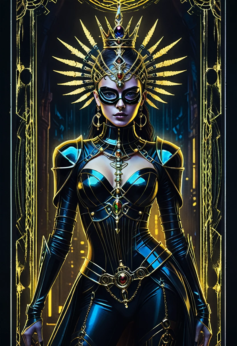 tarot card, chiaroscuro technique on sensual illustration of an queen of sword, a teenage fashion model wearing an exo-skeleton mask, vibrant colors, futuristic cyberpunk style, intricate details, cinematic lighting, dramatic pose, an elegant complex bio mechanical onyx and gold, intricate details, official art, unity 8k wallpaper, ultra detailed, beautiful and aesthetic, beautiful, masterpiece, best quality, the most beautiful form of chaos, elegant, a brutalist designed, vivid colours, romanticism, atmospheric