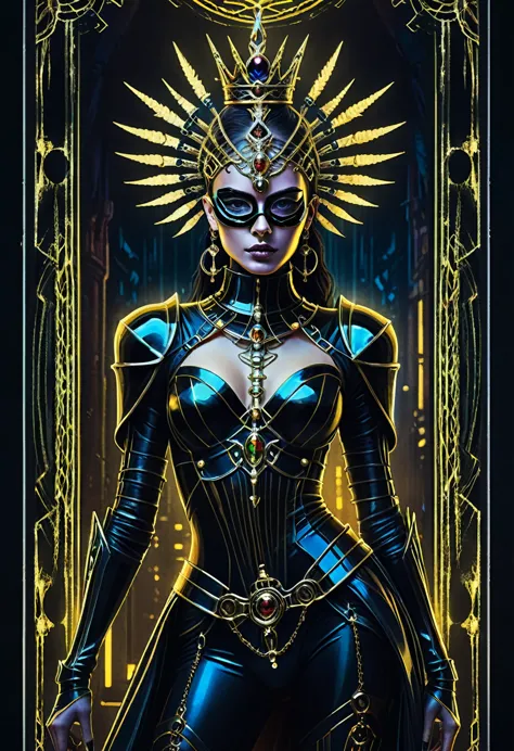 tarot card, chiaroscuro technique on sensual illustration of an queen of sword, a teenage fashion model wearing an exo-skeleton ...