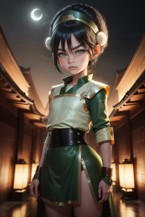 Ultra detailed ,beautiful  , delicada ,Toph beifong , 10 year old  girl ,japonese  girl ,1girl , flat  chest , green  clothes , ...