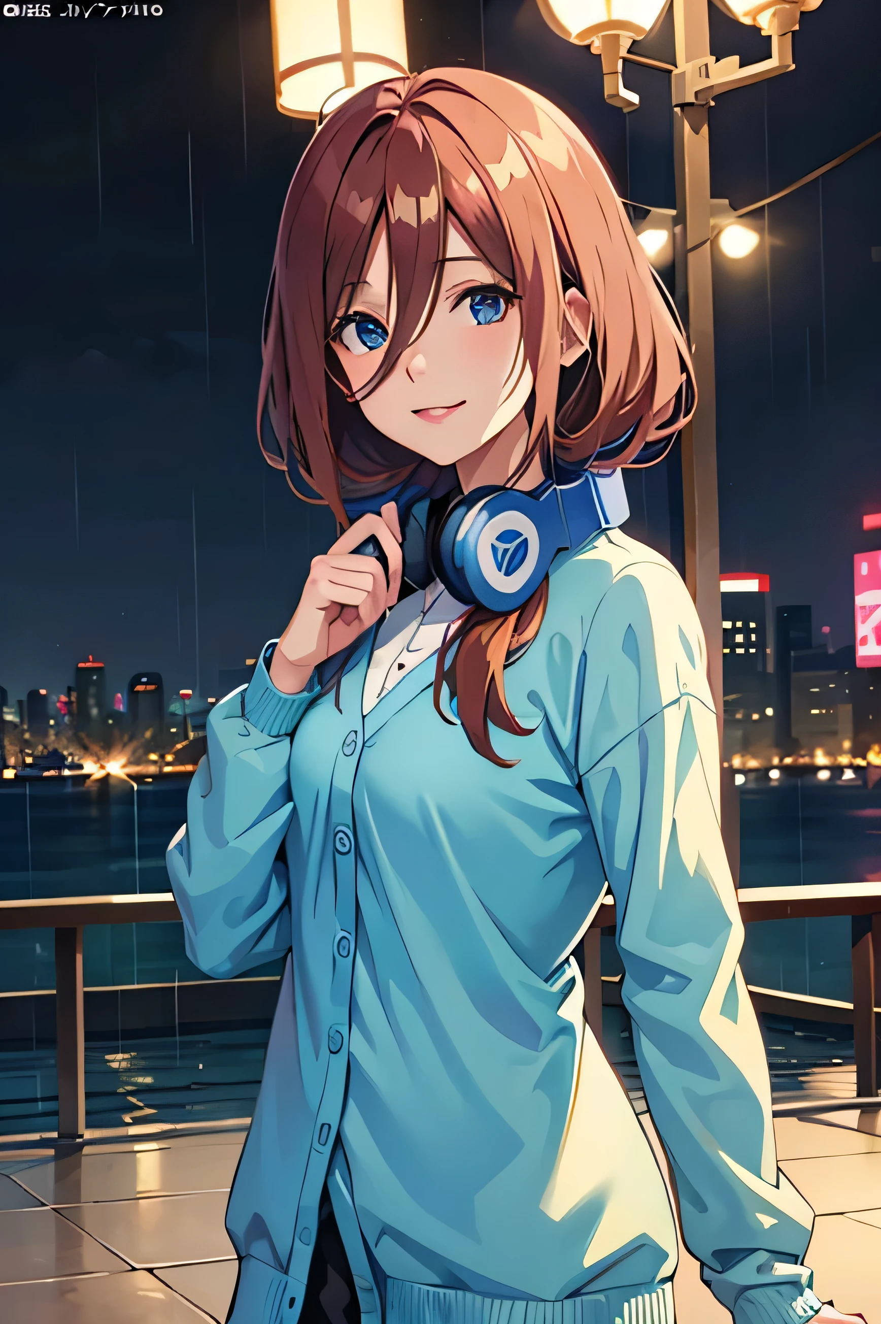 Miku, Headphones around the neck, Blue cardigan, A light smile, Best Anime 4K Konachan Wallpaper, 4K Anime Style, Official Art, High quality anime art, 4k anime wallpaper ((First Job)),city, living room, night, rain, Street lighting