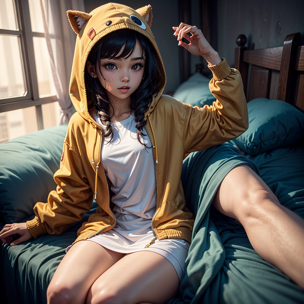 a young boy in a brown hooded jacket, 1 girl, high quality, exterior, high definition, cute, lying on a beautiful bed, detailed face, intricate clothing folds, soft lighting, vibrant colors, cinematic composition