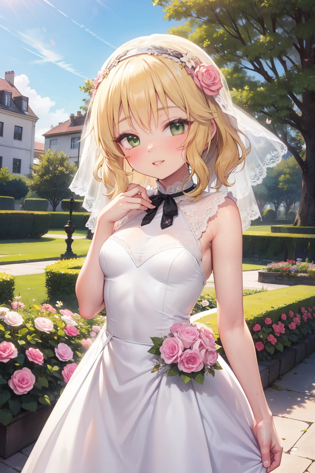 masterpiece,best quality, ultra-detailed,1girl(sakurai momoka, lovely small breasts, wavy hair, blonde hair, headband, pink flower in hair,green eyes), a  face in love,  lovely smile, parted lips, nose blush, blush, facing viewer , looking at viewer, head tilt, solo,  white wedding dress, frill, veil,  bouquet grab,  in the garden, standing, Sexy waist teasing 