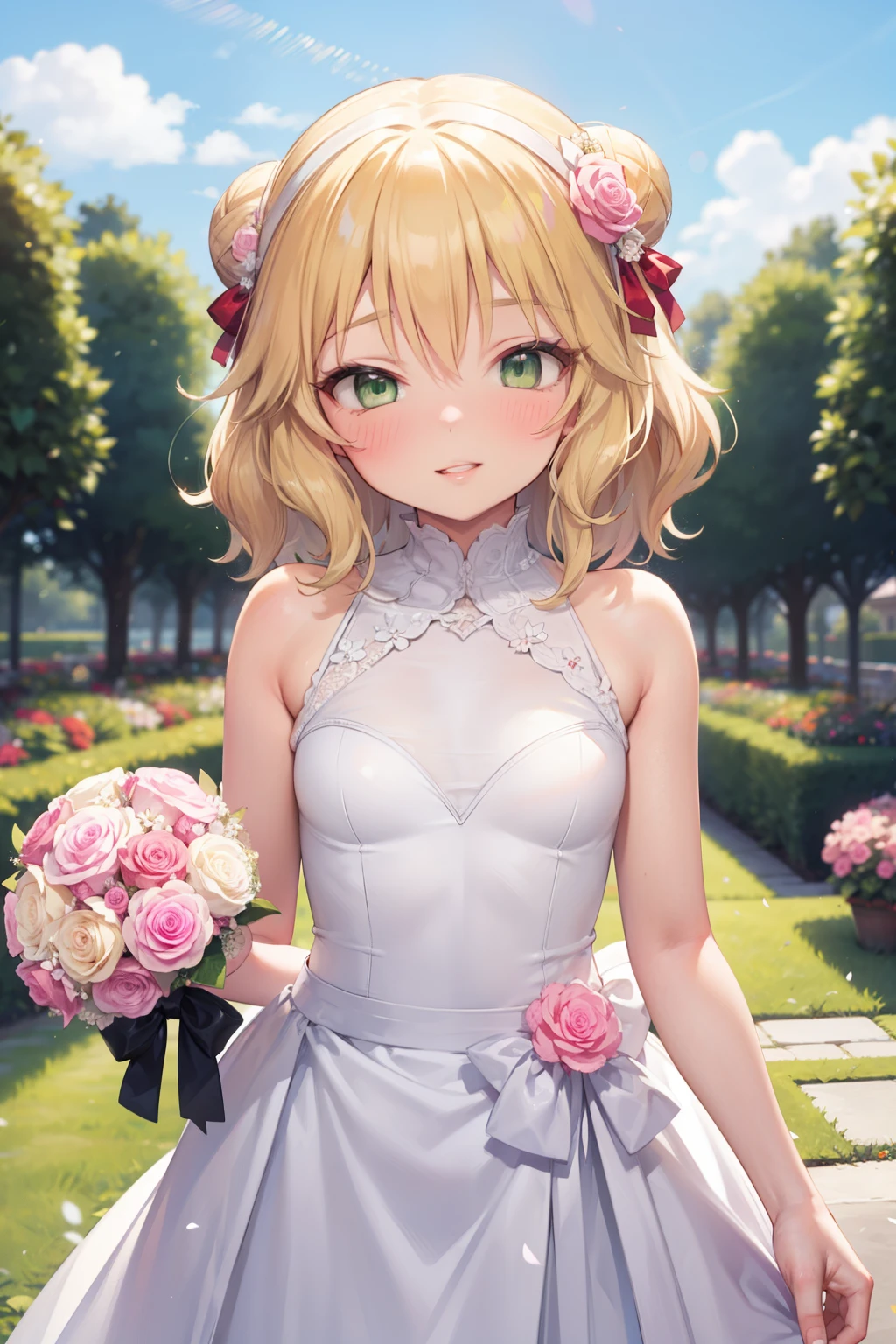 masterpiece,best quality, ultra-detailed,1girl(sakurai momoka, lovely small breasts, , blonde hair, hair bun, single hair bun,  headband, pink flower in hair,green eyes), a  face in love,  lovely smile, parted lips, nose blush, blush, facing viewer , looking at viewer, head tilt, solo,  white wedding dress, frill, veil,  bouquet grab,  in the garden, standing, Sexy waist teasing 