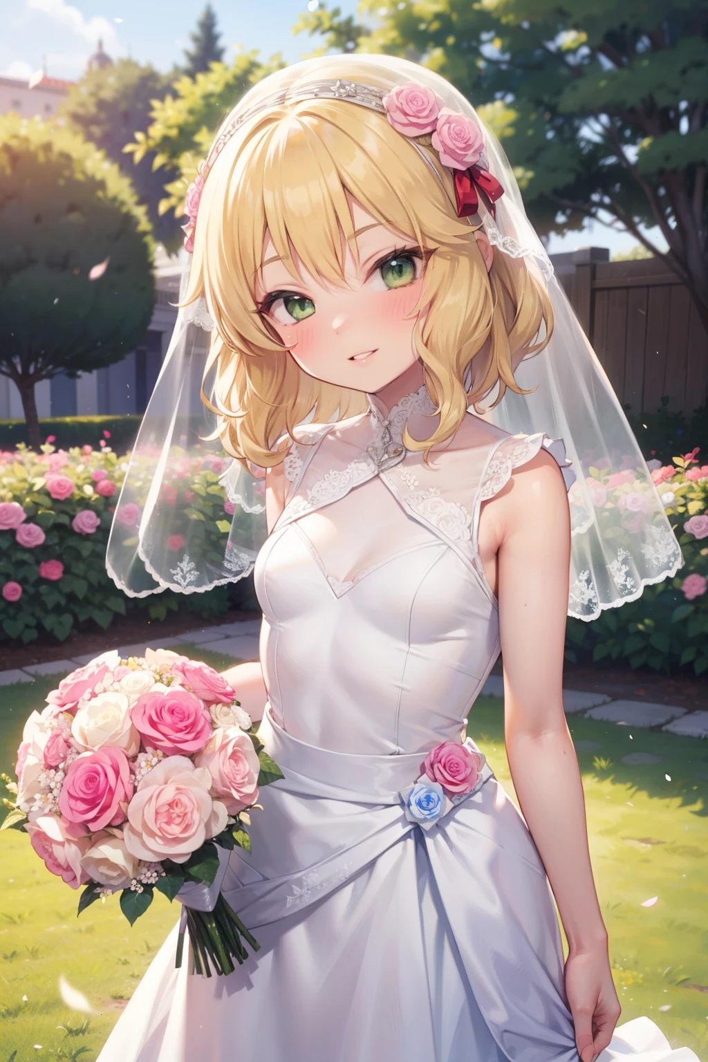 masterpiece,best quality, ultra-detailed,1girl(sakurai momoka, lovely small breasts, wavy hair, blonde hair, headband, pink flower in hair,green eyes), a  face in love,  lovely smile, parted lips, glow lips, nose blush, blush, facing viewer , looking at viewer, head tilt, solo,  white wedding dress,  ornate dress, frill, veil,  bouquet grab,  in the garden, standing, Sexy waist teasing 