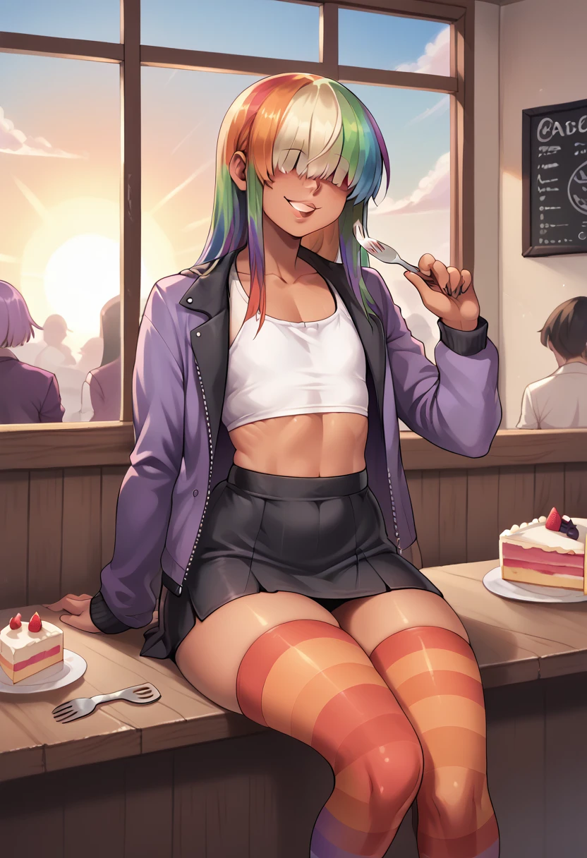 A feminine looking man, femboy, rainbow hair, disordered, hair over eyes, black painted lips, happy, slim and feminine body, thick thighs, flat chest, her butt is very big, tanned skin, very small purple jacket, fitted white top, mini skirt, long rainbow tights, heels, sitting, next to a window, a table, cake on the table, in a coffee shop, offering cake on a fork to the viewer, sunset, lus of the sun, Sun reflection, front view, Upper part 