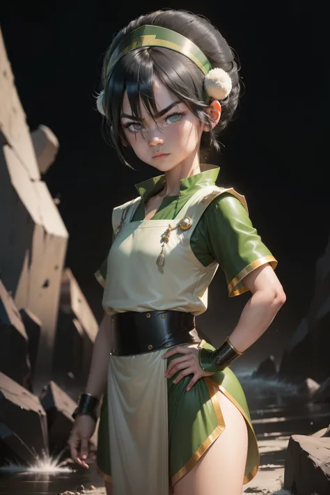 Ultra detailed ,beautiful  , delicada ,Toph beifong , 10 year old  girl ,japonese  girl ,1girl , flat  chest , green  clothes , ...