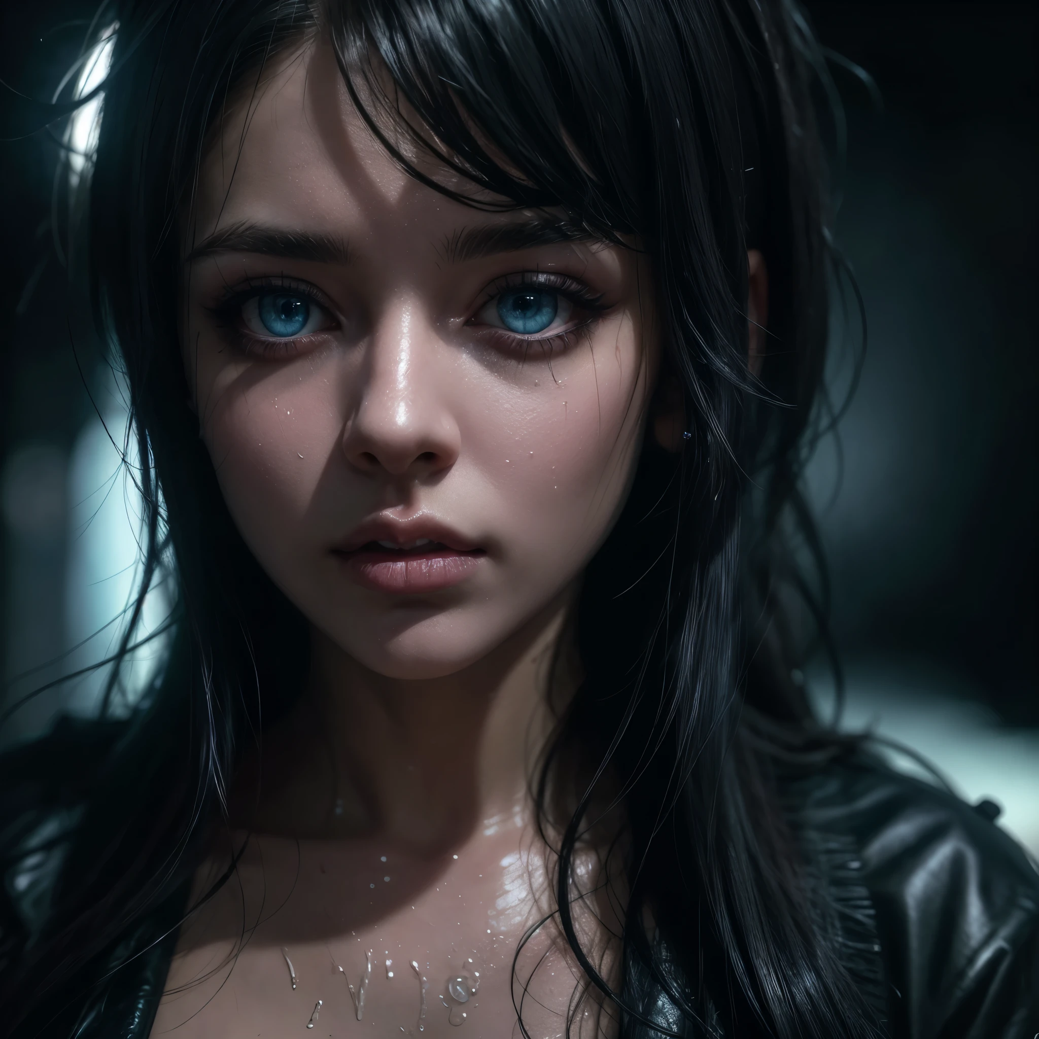 (Best Quality,High Definition:1.2),Ultra detailed,realistic,Portrait, beautiful girl with gorgeous glowing blue eyes, gothic makeup, big breasts, ((covered nipples)), no underwear, revealing clothes, ((white button up shirt )), (((black miniskirt))), ((luscious thighs)), in the rain, ((wet clothes)), at night street, (best quality, 4k,8k, high resolution, masterpiece: 1.2), ultra detail, (realistic, photorealistic, photorealistic: 1.37), extremely detailed eyes and face, beautiful detailed eyes, beautiful detailed lips, long eyelashes, dramatic lighting, cinematic lighting, moody atmosphere, darkness and grit, dramatic contrast, rich colors, neon lights , rain effects. (Perfect details:1.1), (beautiful and clear background:1.2), (Extremely detailed CG, Ultra detailed, best shadow:1.1), (perfectly detailed beautiful eyes), , close-up, cinematic lighting, vibrant colors, photorealistic, concept art style, high quality, 8K, HDR, physical rendering, extreme detail, blur, depth of field, blurred foreground,
