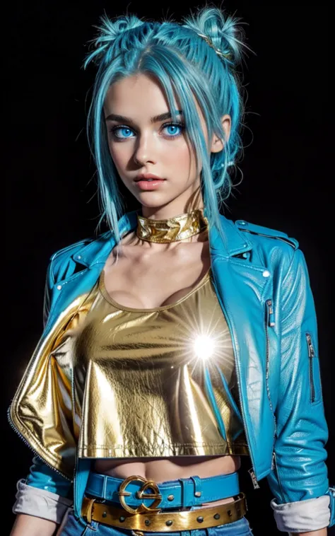 best quality, women, cyan blue hair,blue eyes,double bun blue leather crop jacket,big gold t-shirt, belt,standing