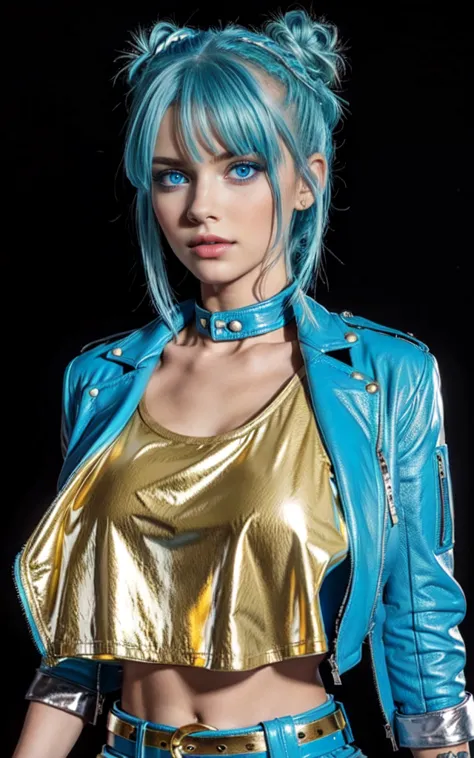 best quality, women, cyan blue hair,blue eyes,double bun blue leather crop jacket,big gold t-shirt, belt,standing