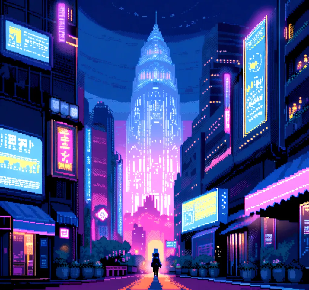 element: Pixel art characters running through a pixelated cyberpunk city. Towering Buildings, Moving holograms and flying cars m...