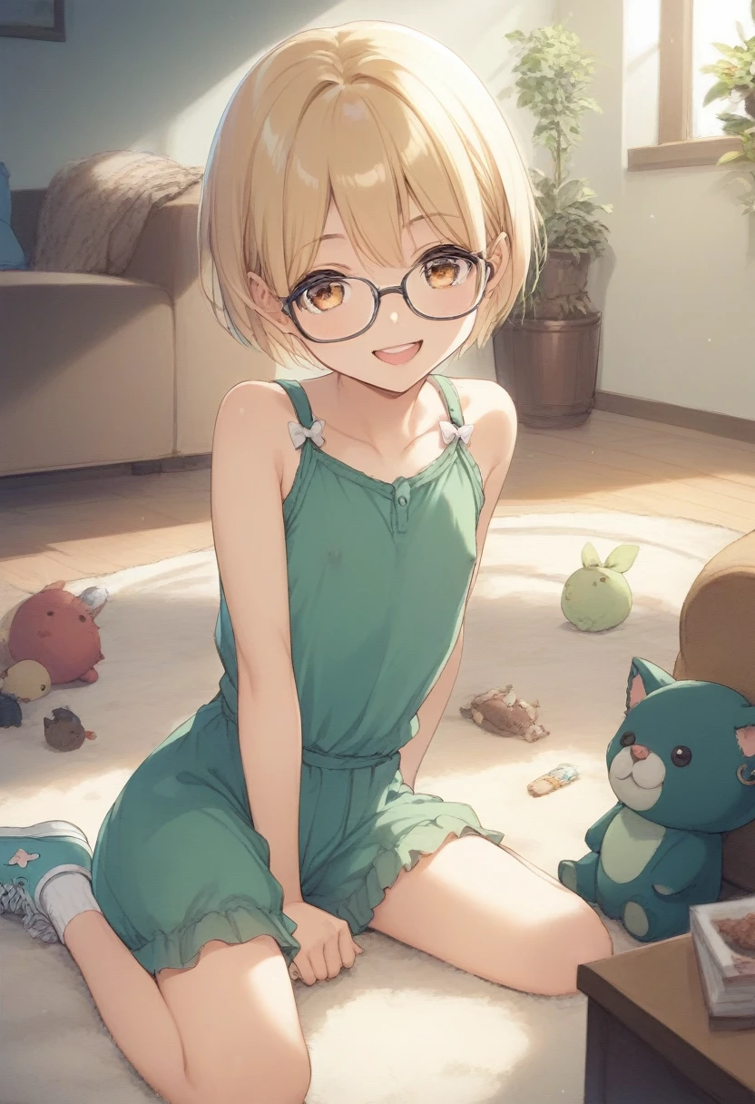 cute, chibi, childish, skinny, blonde, sissy, young boy, bob cut hairstyle, amber eyes, erect nipples, small ass, bulge between his legs, big glasses, green baby doll, excited, naughty face, sexy pose, showing his ass, in the living room, ecchi anime, Kasukabe Taro style, masterpiece, cinematic, dramatic, POV, dynamic back view, full body,