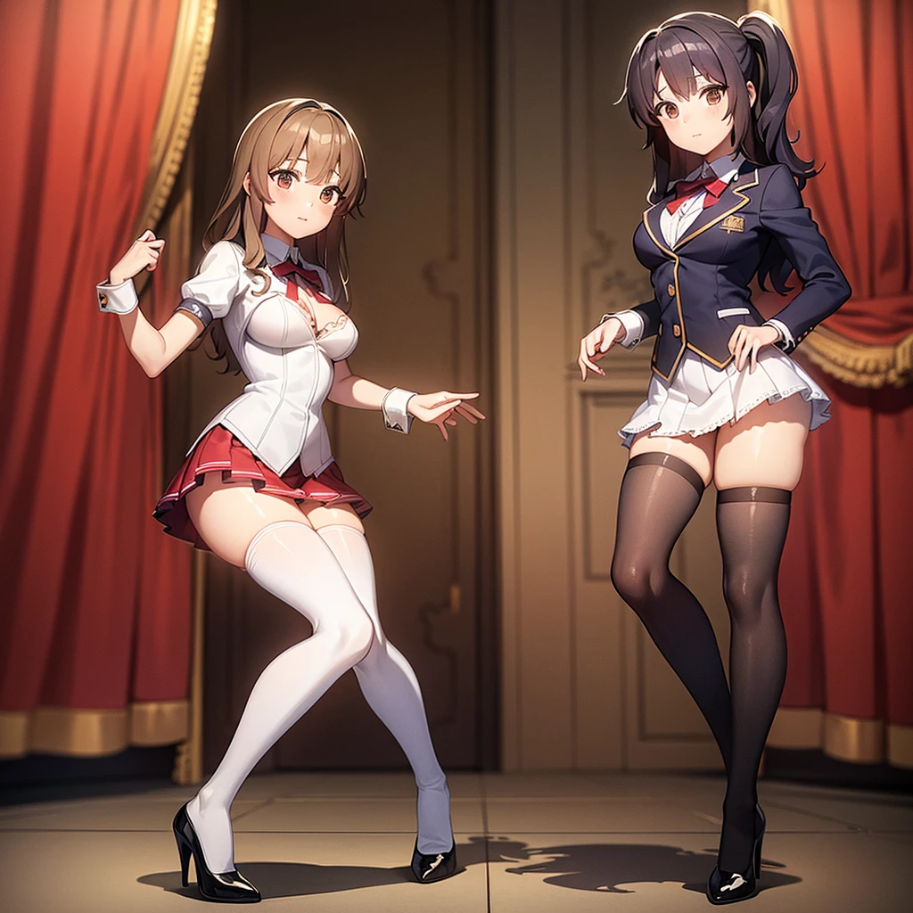 A masterfully detailed painting of two identical twin girls with curly brown hair, hazel eyes, and medium-sized busts, wearing sexy school uniforms consisting of a blazer, lace sections, ribbons, rainbow short skirts, white thigh-high socks, and black high heels, posing seductively with matching outfits and bright, flat colors, showcasing their full bodies in a duo pose.