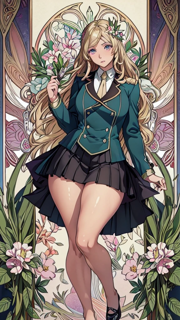 (Mucha:1.2),Detailed Background,Art Deco,Botanical Art,Flower Art,(Floral:1.2), 
(masterpiece, Highest quality),Vibrant colors,colorful, Highest quality, Amazing details, Anatomically correct,
Line art, Depth of written boundary,Flat Shading,
(Wavy Hair,Blonde),(Thighs),Thin legs,
(Plain uniform:1.5),(Uniform Blazer),(Black blazer),(Checkered uniform skirt),