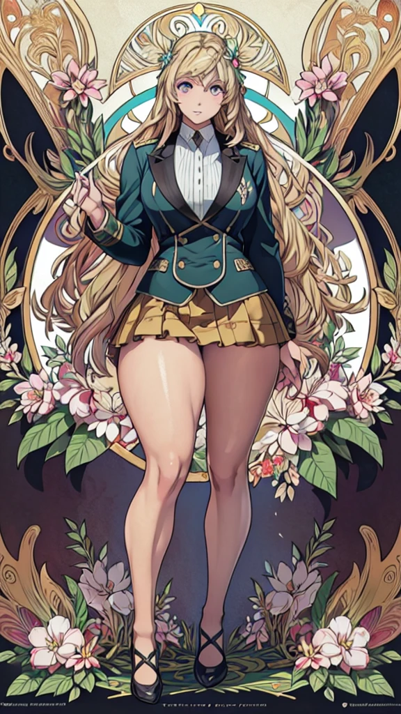 (Mucha:1.2),Detailed Background,Art Deco,Botanical Art,Flower Art,(Floral:1.2), 
(masterpiece, Highest quality),Vibrant colors,colorful, Highest quality, Amazing details, Anatomically correct,
Line art, Depth of written boundary,Flat Shading,
(Wavy Hair,Blonde),(Thighs),Thin legs,
(Plain uniform:1.5),(Uniform Blazer),(Black blazer),(Checkered uniform skirt),