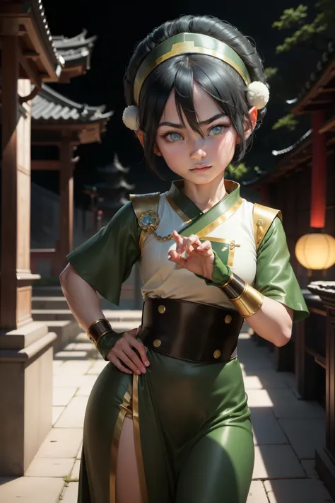 Ultra detailed ,beautiful face , delicada ,Toph beifong , 10 year old  girl ,japonese  girl ,1girl , flat chest , green chinese ...