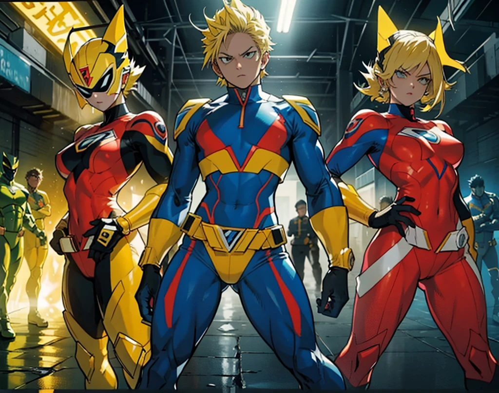 Super Sentai, guardabosques, un poderoso Thunder Ranger con una cara hermosa, senos pequeños, usando un traje ajustado, con pelo amarillo, empuñando armas alienígenas, contra un dramático telón de fondo de truenos, ultra detallado, 8K, muy realista, iluminación cinematográfica, colores dramáticos