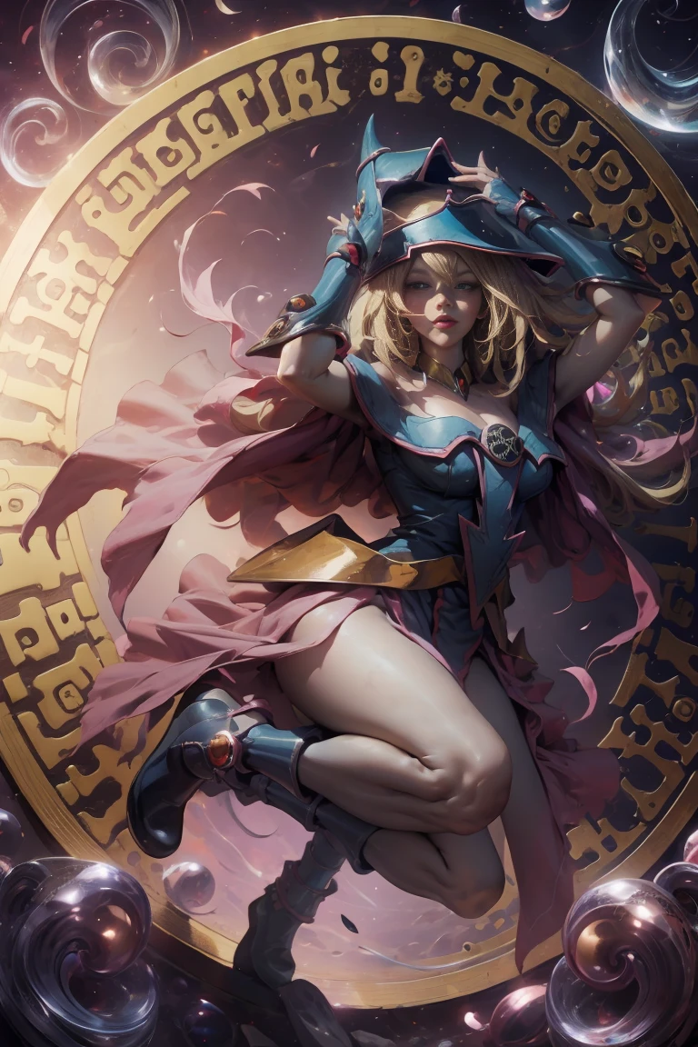 DarkDark magician gils, with high-heels. licra,  sexy, Subjective and sensual pose. Long blonde hair. blue eyes. Red lips. Levitating above a circle of magic. . 