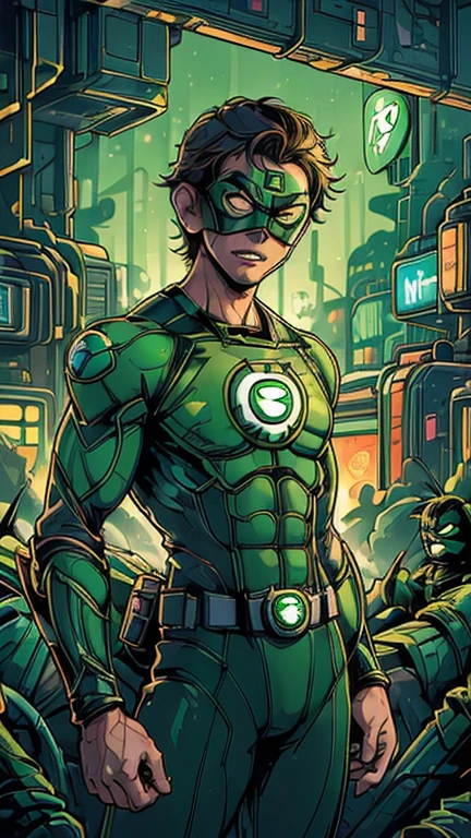 best quality,masterpiece,1boy,solo,(((13years old))),japanese boy,an extremely cute and handsome boy,highly detailed beautiful face and eyes,petit,cute face,lovely face,baby face,shy smile,show teeth, Brown hair, short hair,flat chest,skinny,slender,(((wearing a Green Lantern costume,green domino mask))),(((heroic pose in Dark Midnight Neon Glow light Cyberpunk metropolis city))),he is looking at the viewer,