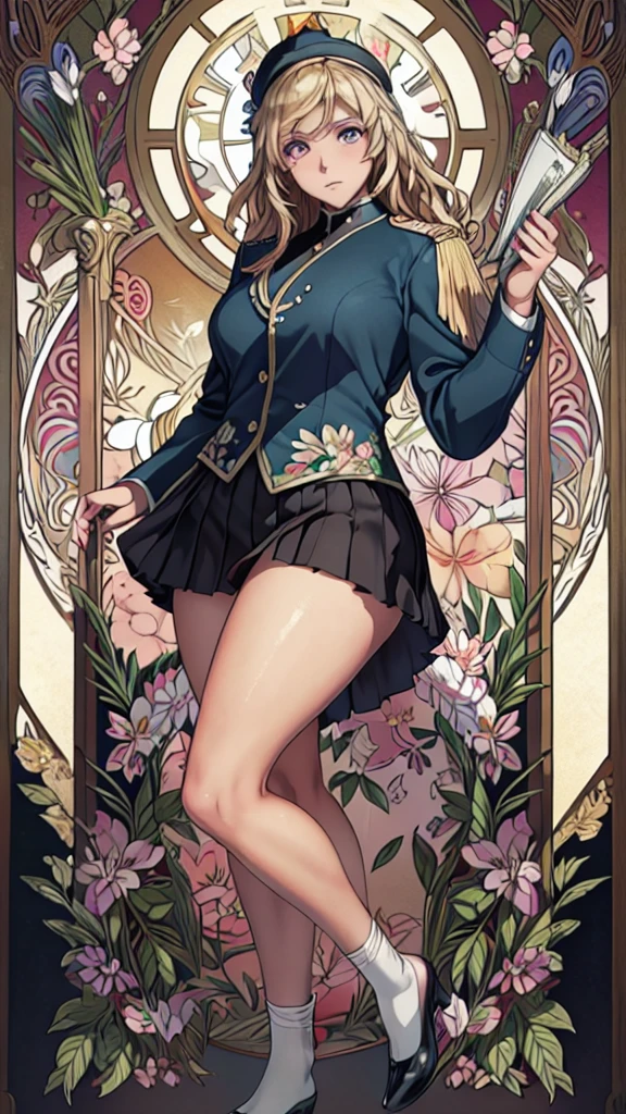 (Mucha:1.2),Detailed Background,Art Deco,Botanical Art,Flower Art,(Floral:1.2), Cowboy Shot、
(masterpiece, Highest quality),Vibrant colors,colorful, Highest quality, Amazing details, Anatomically correct,
Line art, Depth of written boundary,Flat Shading,
(Wavy Hair,Blonde),(Thighs),Thin legs,
(Plain uniform:1.5),(Uniform Blazer),(Black blazer),(Checkered uniform skirt),