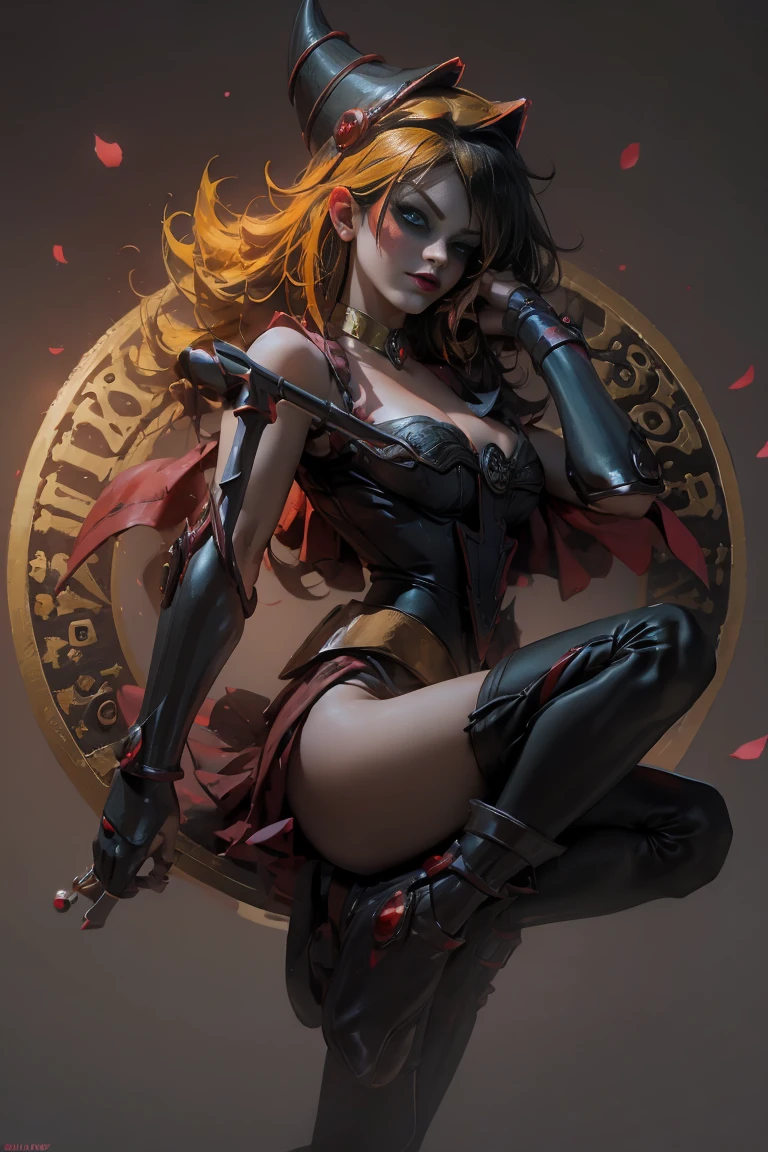 Dark wizard Gils dressed as Harley Quinn. He has blonde and black hair. blue eyes. Red lips. Gils, the dark magician, Did you dress up like Harley Quinn?. Sensual and innocent pose. circus background 