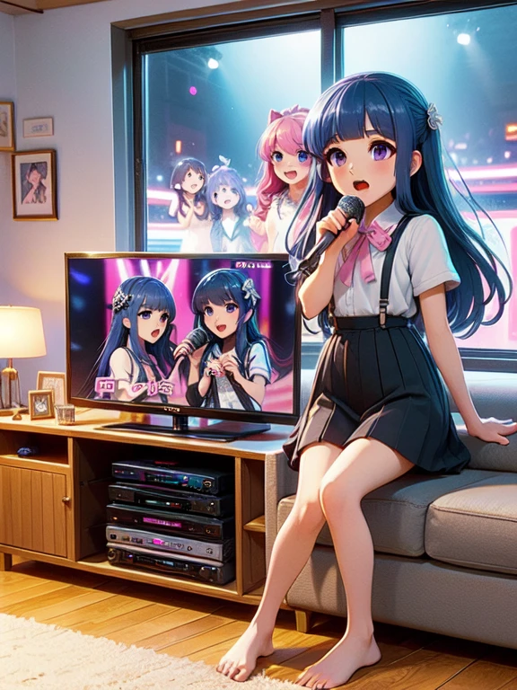 (furude rika), (Ultra-high resolution), (masterpiece), (Attention to detail), (high quality), (最high quality) , 1 Girl, alone, Blue Hair, Purple eyes, Long Hair, blunt bangs, bangs, White shirt, Pink Ribbon, suspenders, Black Skirt, ((Karaoke machine wired)), (Two Girls), sing, Grab the microphone, TV subtitles, Manga Bookshelf, sofa, carpet, Poster, curtain, Wooden floor, barefoot,