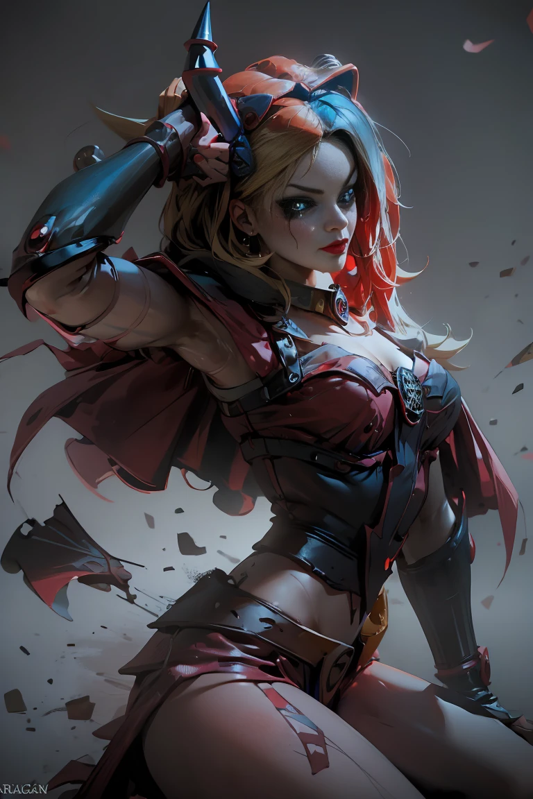 Dark wizard 吉尔斯 dressed as Harley Quinn. 他有一头金色和黑色的头发. 蓝眼睛. 红唇. 吉尔斯, 黑暗魔法师, 你打扮得像哈莉·奎茵吗?. 性感而纯真的姿势. 马戏团背景 