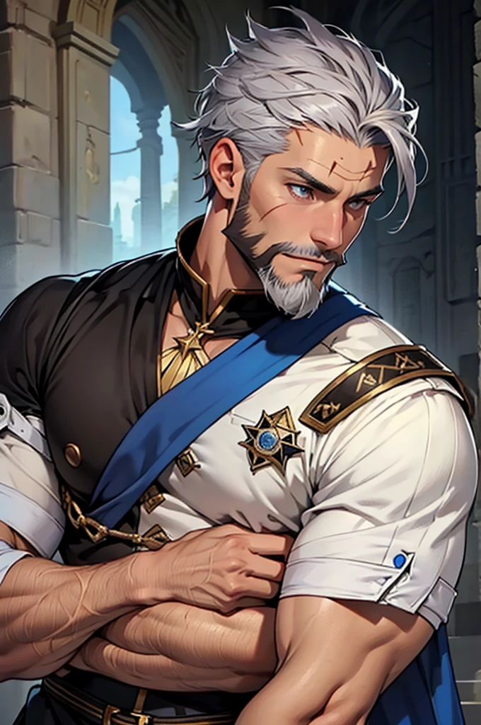 young muscular man, with a scar on the left side of the face, with one brown eye and the other blue, latin features with beard, short silver hair, dressed in a duke&#39;s suit, with golden laurel wreath and red and white cape. , and with brown skin, posing standing, full body image