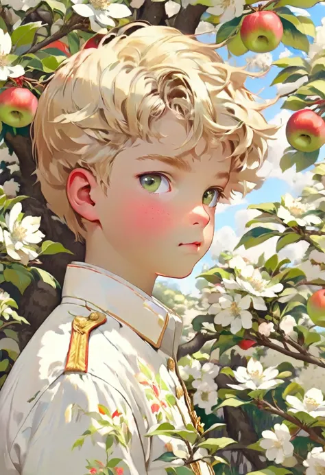 a boy with blond hair in a white long-sleeve shirt stands near a blooming apple tree and looks up. a man in a soviet officer&#39...