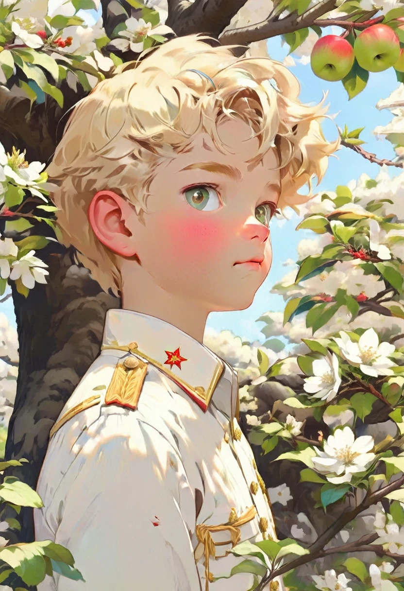 A boy with blond hair in a white long-sleeve shirt stands near a blooming apple tree and looks up. A man in a Soviet officer&#39;s uniform stands nearby and walks off into the distance.