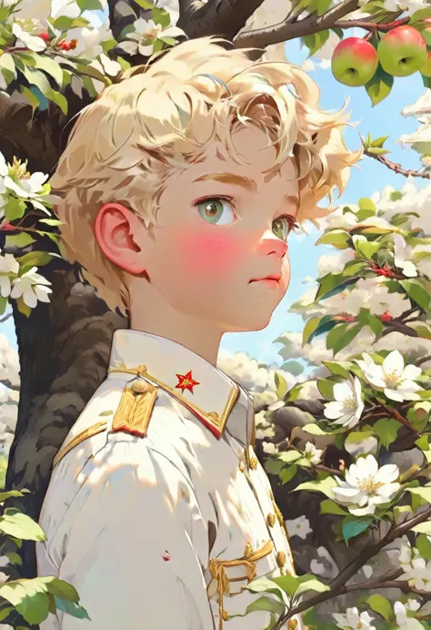 a boy with blond hair in a white long-sleeve shirt stands near a blooming apple tree and looks up. a man in a soviet officer&#39...