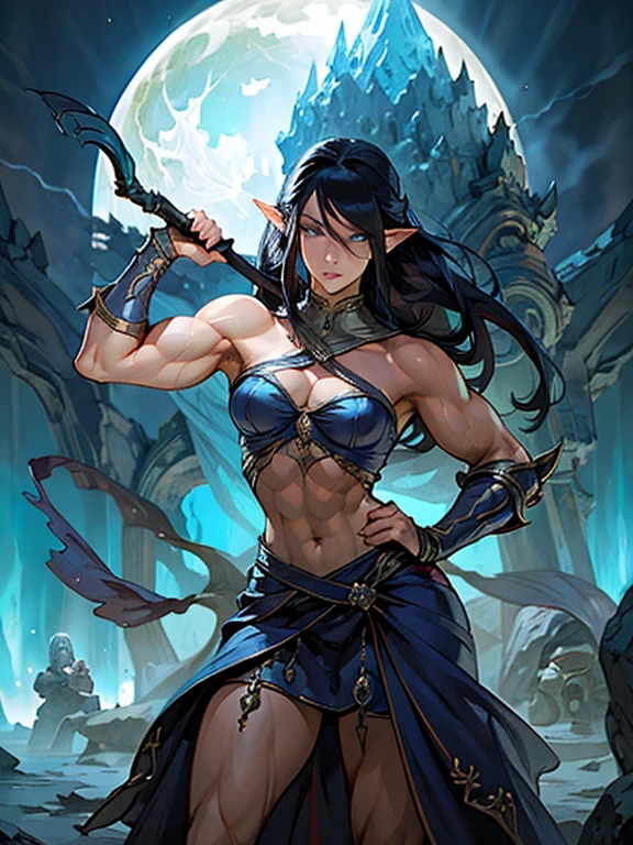 stunningly sensual elfess, large well-trained muscles, very impressive hypermuscular physique, magical and mysterious, bulging feminine proportions, perfect and flawless muscular sensual body, vascular massive biceps, deep black hair, pale chaik white skin, female elf wizard in fantasy setting