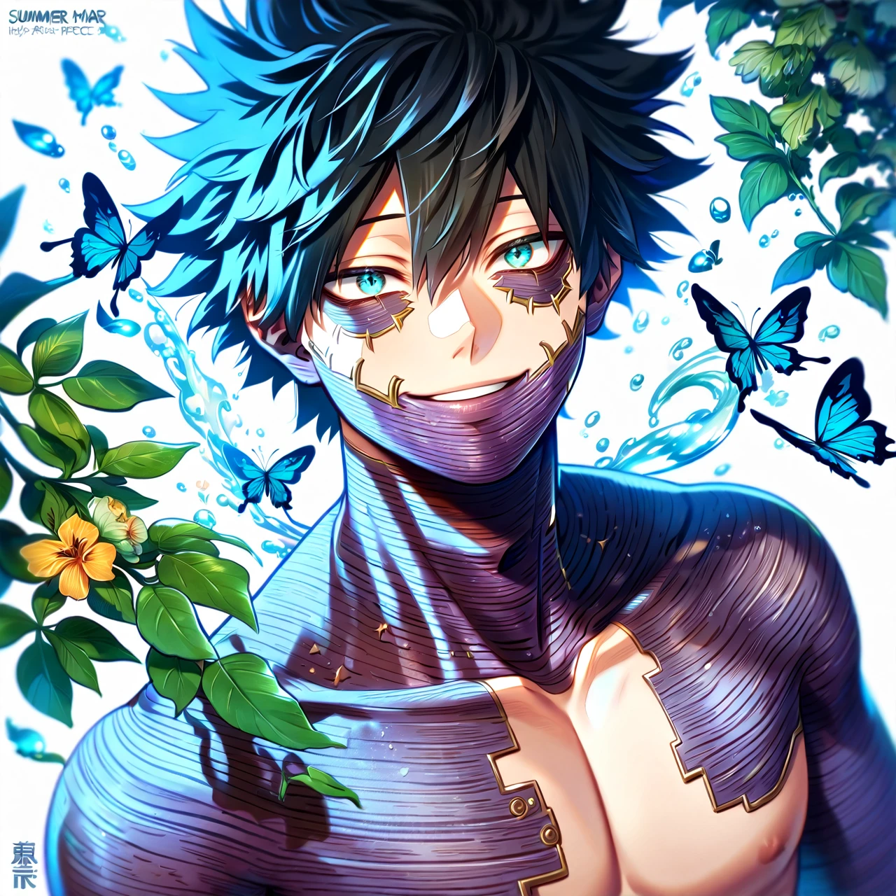 absurdres, highres, ultra detailed, HDR, master piece, best quality, extremely detailed face, delicated features, Dabi, black hair, expressive turquoise eyes, Boku No Hero Academia, solo, sexy man, handsome, smiling, bare chest, fantasy, magical, butterflies, summer, green leaves, flowers, water