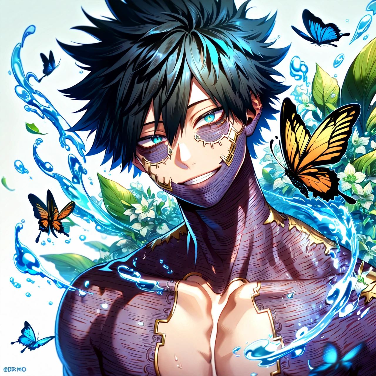 absurdres, highres, ultra detailed, HDR, master piece, best quality, extremely detailed face, delicated features, Dabi, black hair, expressive turquoise eyes, Boku No Hero Academia, solo, sexy man, handsome, smiling, bare chest, fantasy, magical, butterflies, summer, green leaves, flowers, water