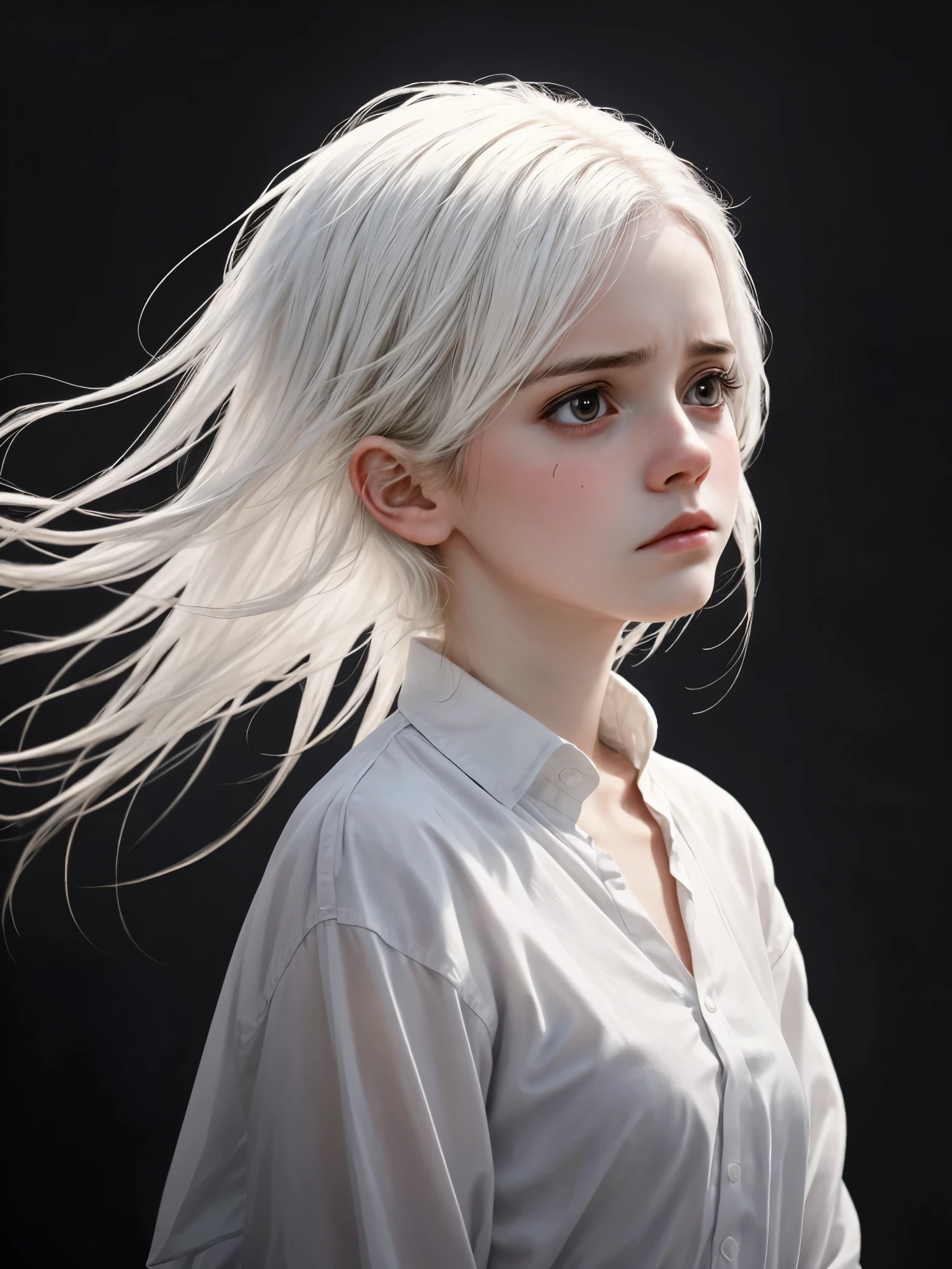 girl in white, BREAK, 1girl, detailed face, sorrowful expression, white hair, white oversized shirt, albino, tyndall effect, dramatic light, fine art portrait, floating glowing dust, very dry hair, (masterpiece, realistic:1.3), looking away,