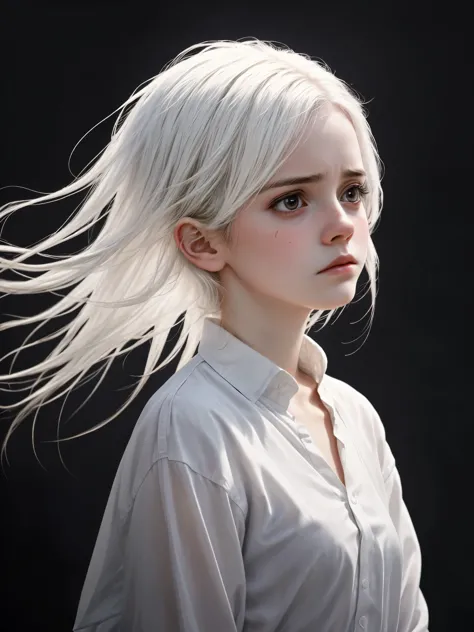 girl in white, BREAK, 1girl, detailed face, sorrowful expression, white hair, white oversized shirt, albino, tyndall effect, dra...