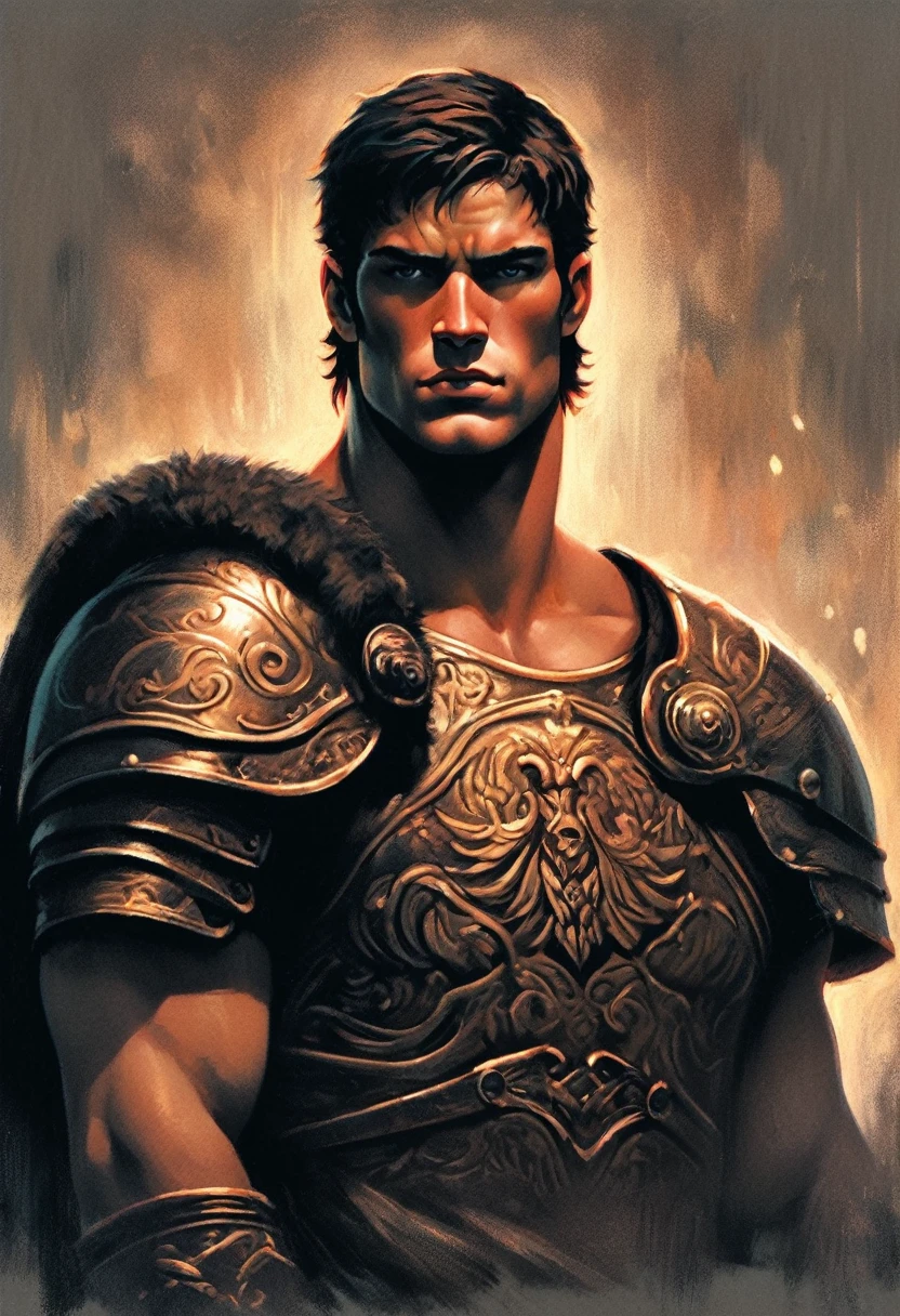 chiaroscuro technique on sensual illustration of an masculine, 26-year-old Italian male model, handsome Roman, (John Cena) he is the god of war, he is Ares, Mars, evil-looking, strong look, light blue eyes, strong jawline, dressed as a gladiator, ancient gladiator, male gladiator skirt, matte painting, by Harumi Hironaka, extremely soft colors, vibrant, pastel, highly detailed, digital artwork, high contrast, golden dramatic, refined, tonal, an intimate, seductive studio setting with a focus on sensuality and romance. Utilize soft, warm lighting that bathes the space in a gentle, inviting glow. Incorporate luxurious fabrics, plush furnishings, and a touch of decadence to evoke an opulent ambiance. The scene should exude an air of serenity and anticipation, inviting the viewer into a sensual and romantic space