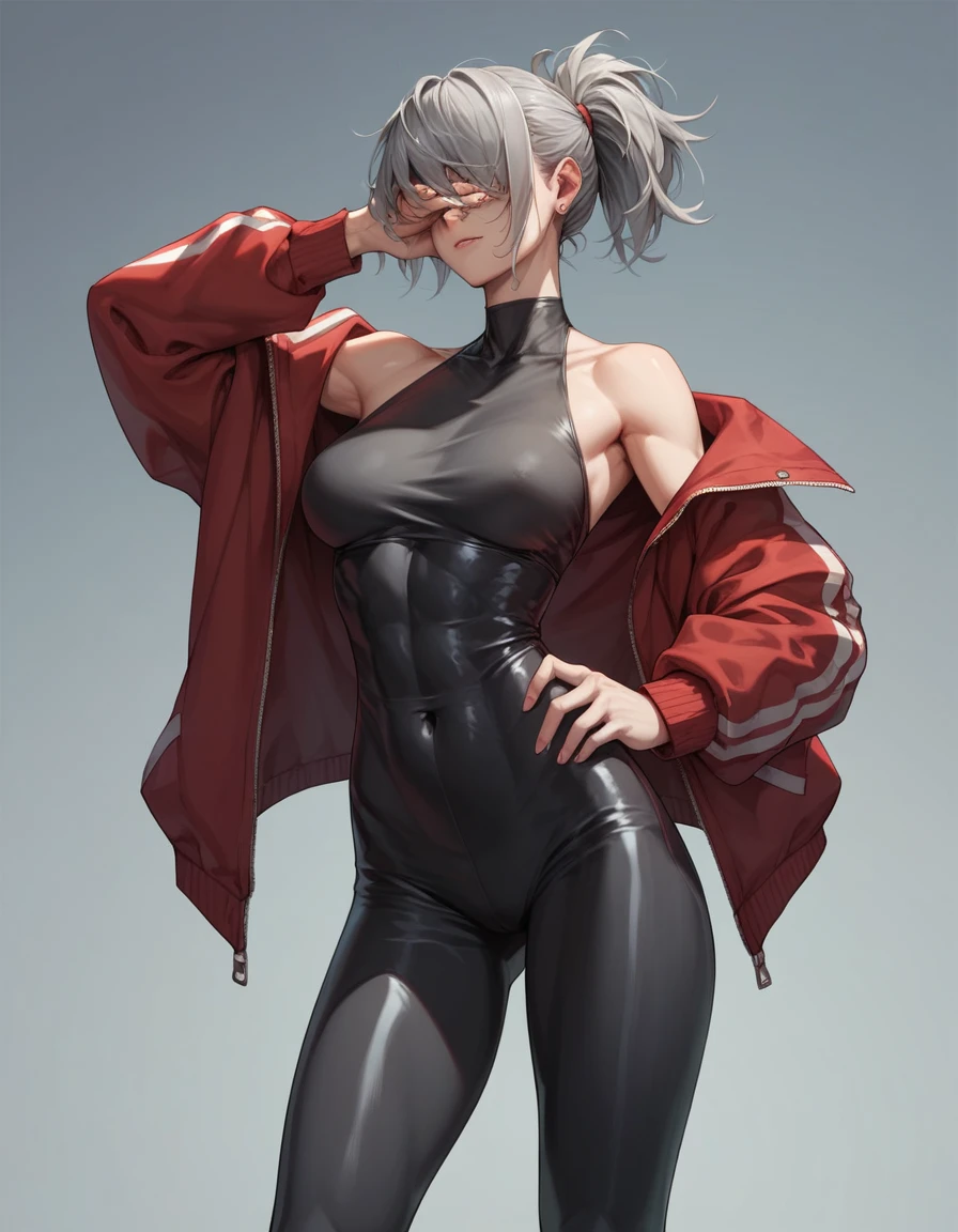 Tall, slim, She has long grey hair tied back in an enormous, messy ponytail that reaches down to her thighs, some of her hair is covering one of her eyes, she wears a red jacket over a black full-body suit, golden eyes