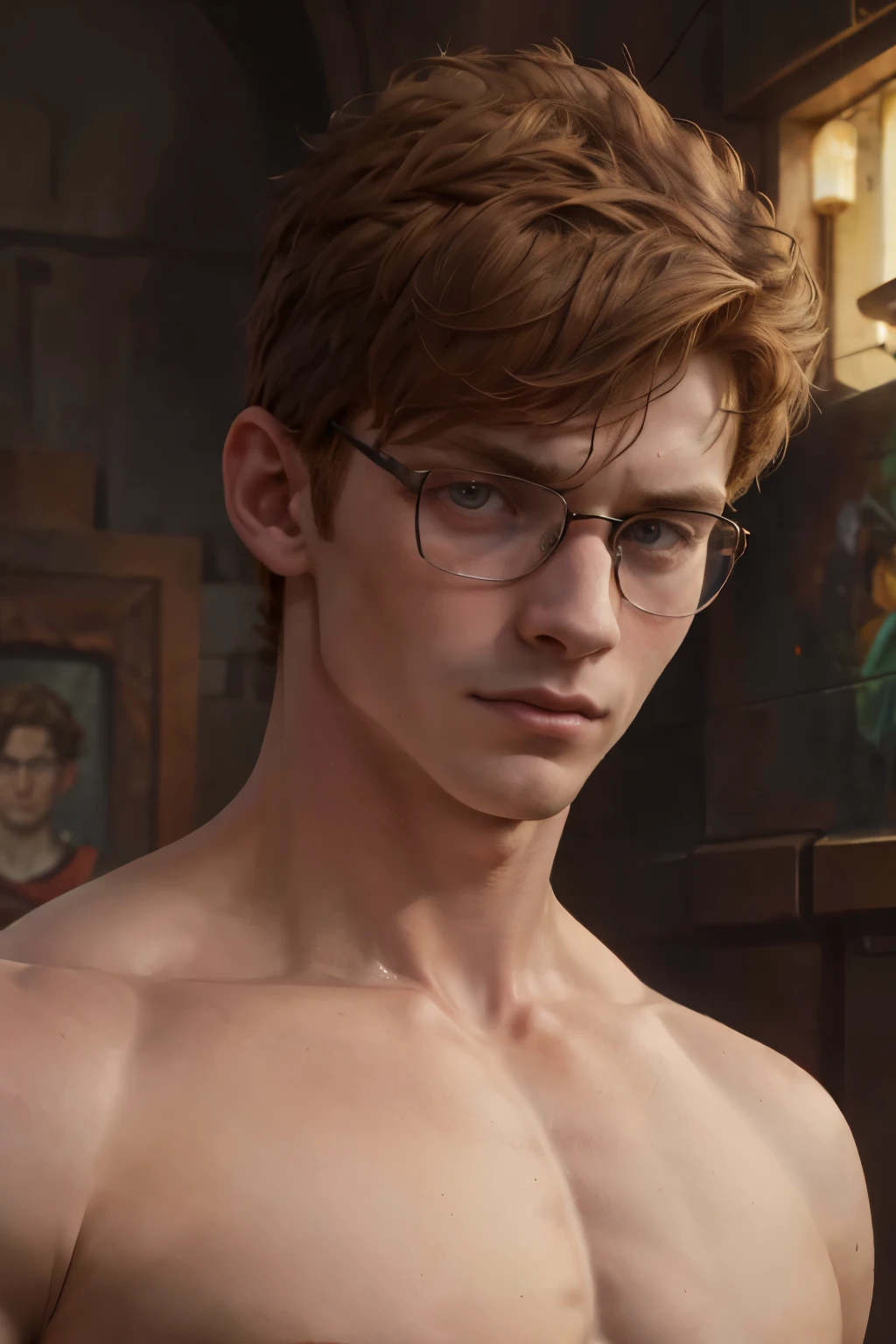 Un retrato de un apuesto joven pelirrojo musculoso con pelo corto y gafas mirando severamente a la cámara, sin camisa rasgado, (mejor calidad, 4k, obra maestra :1.3)