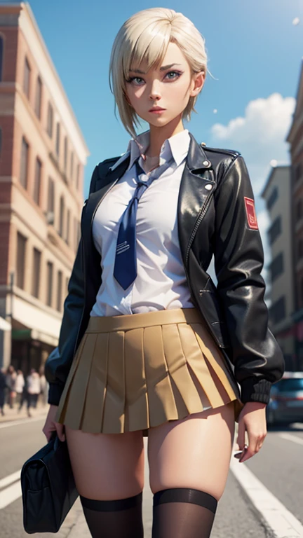 A woman in a short skirt and jacket posing for a photo, Surrealist , Surrealist , practical , Realistic Anime Girl Rendering, Small curve , Stockings and skirt, Realistic 3D animation, A highly detailed shot of a giantess, Realistic animations, Realistic full body, [ 4K Reality ]!!