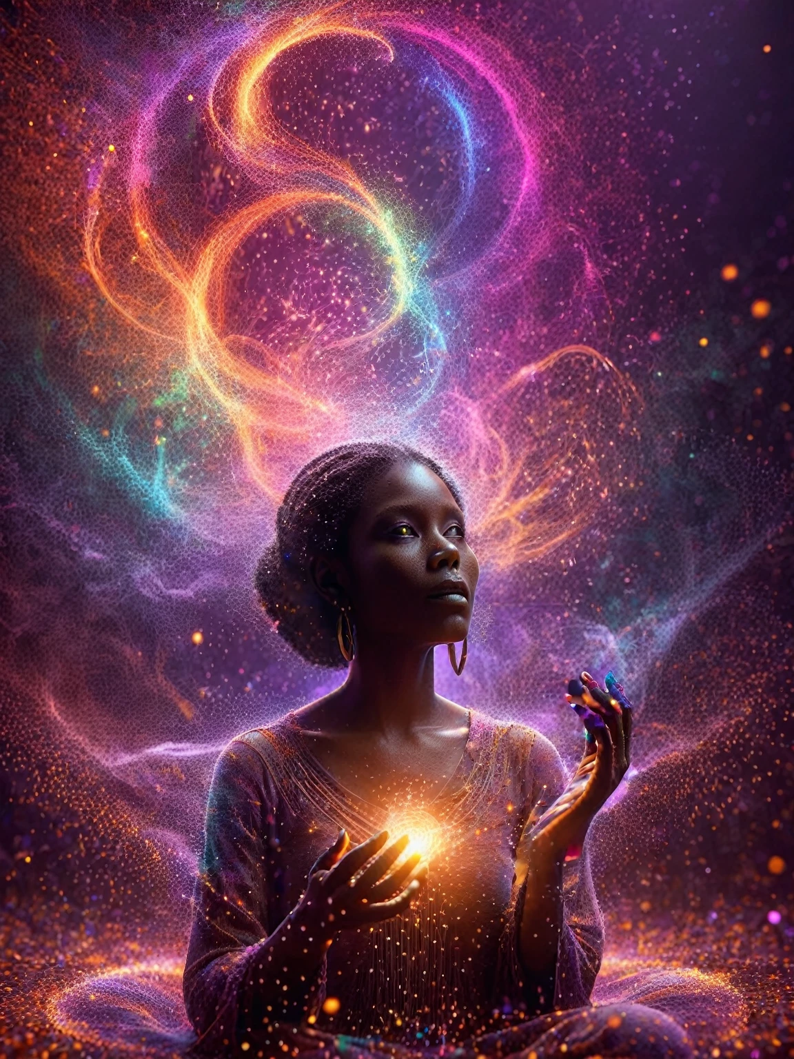 A dark-skinned woman, mystic casting a spell, with glowing hands and AI particles emanating in a dazzling array of colors, involving the whole scene. 