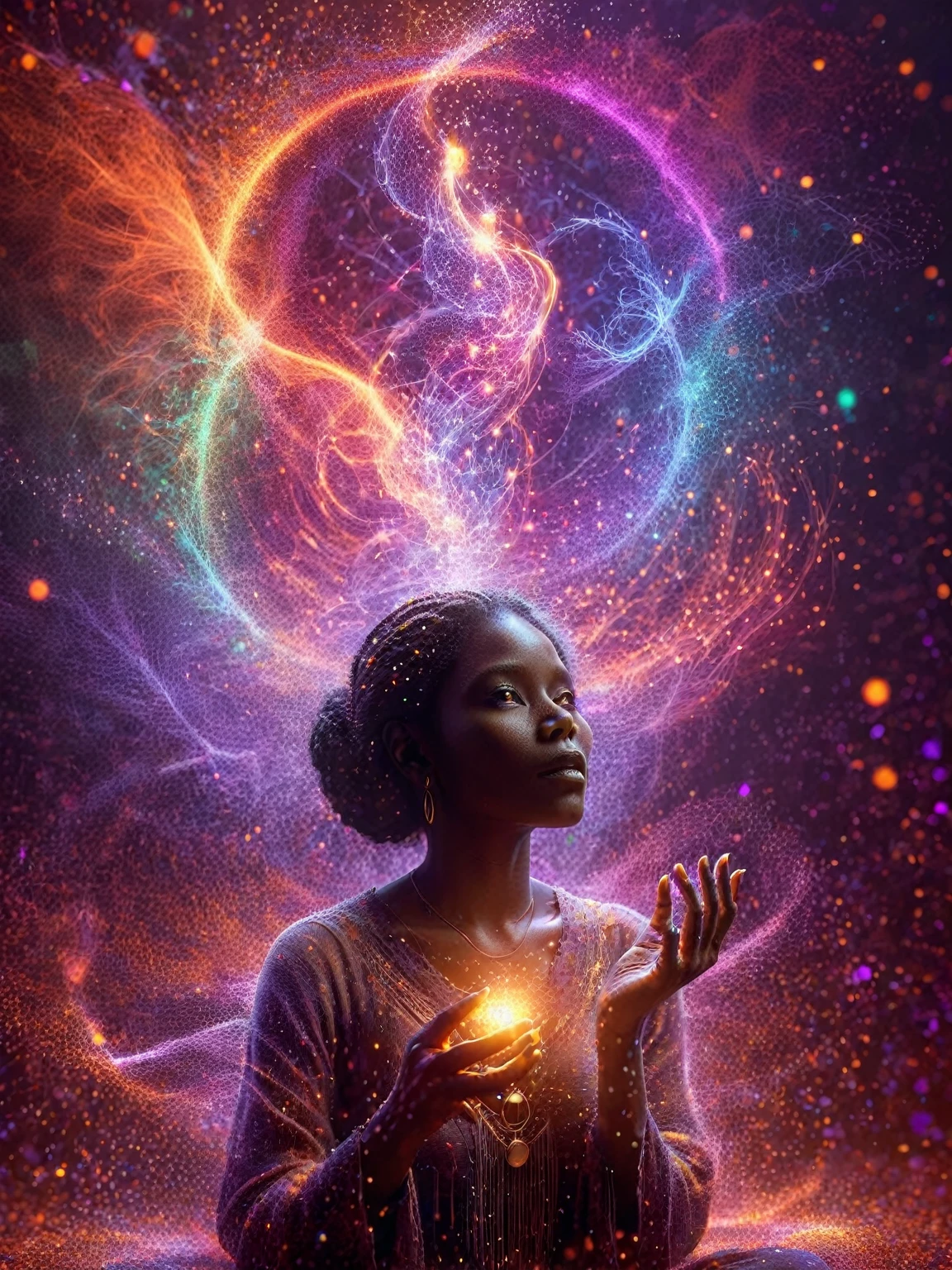 A dark-skinned woman, mystic casting a spell, with glowing hands and AI particles emanating in a dazzling array of colors, involving the whole scene. 