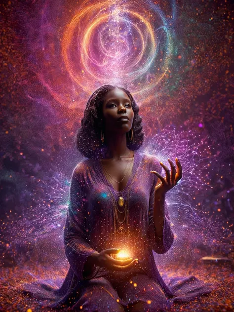 a dark-skinned woman, mystic casting a spell, with glowing hands and ai particles emanating in a dazzling array of colors, invol...